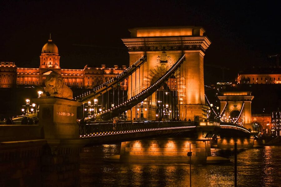 Szechenyi Chain Bridge illuminated at night over the Danube