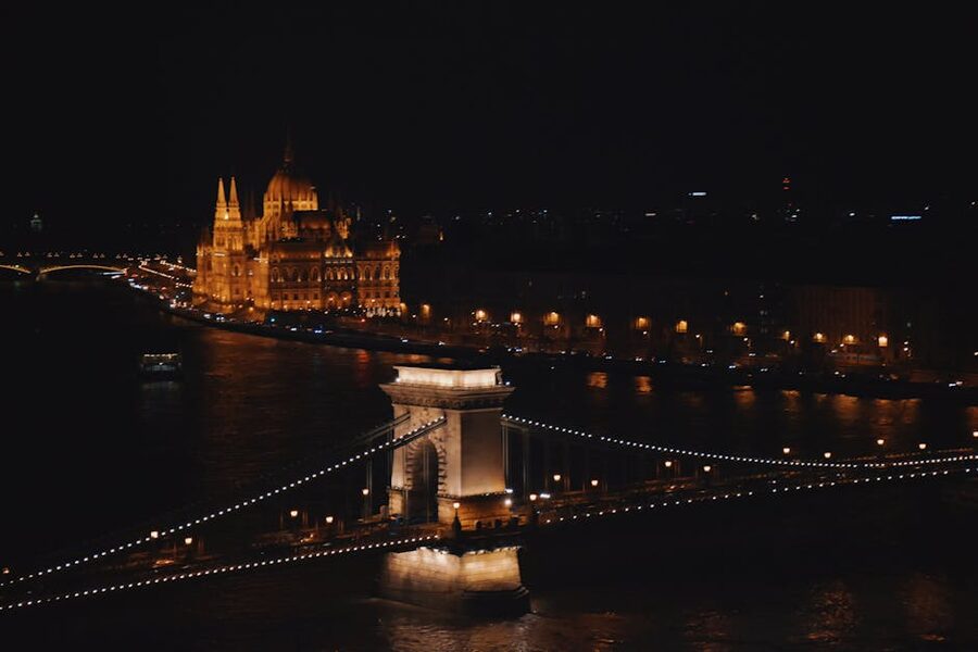 Chain Bridge and Hungarian Parliament illuminated together at night
