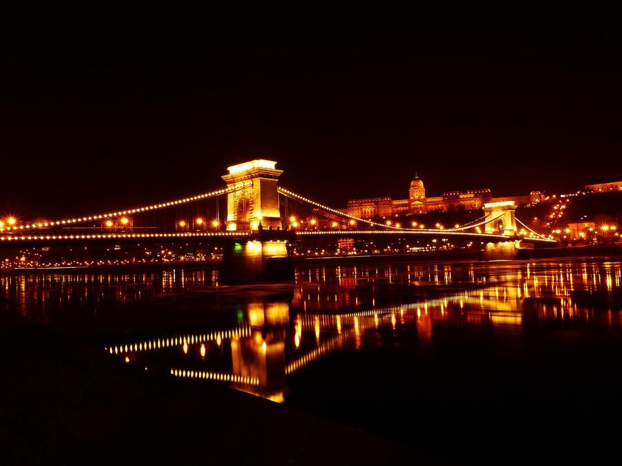 Budapest Chain Bridge in winter with Danube ice floes