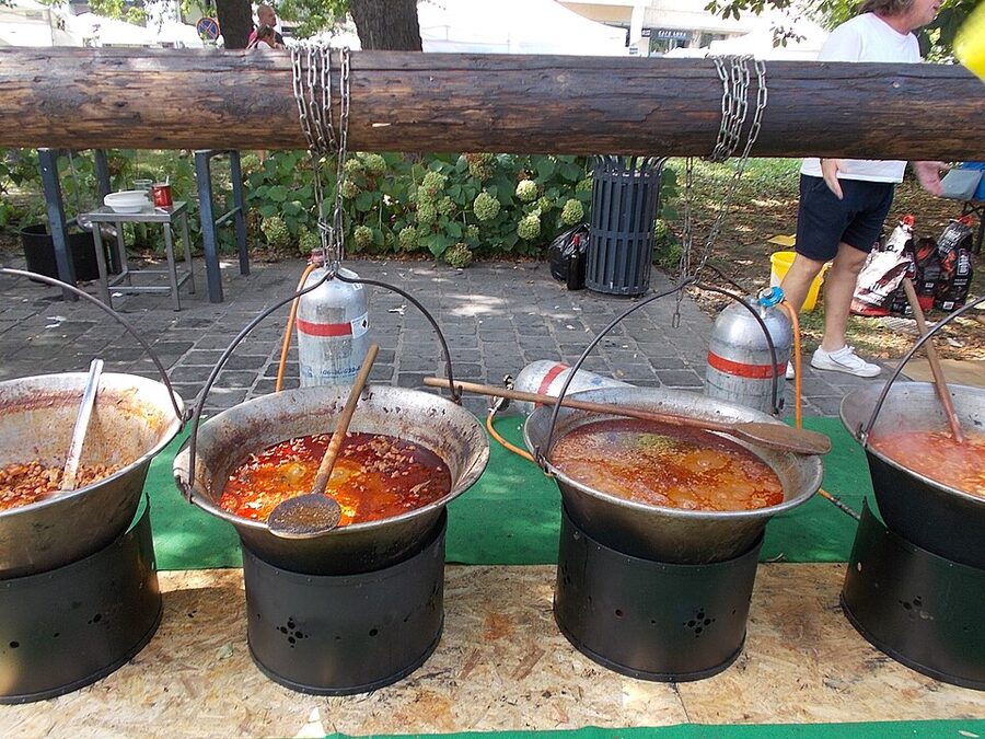 Hungarian goulash cooked in bograc kettle Budapest