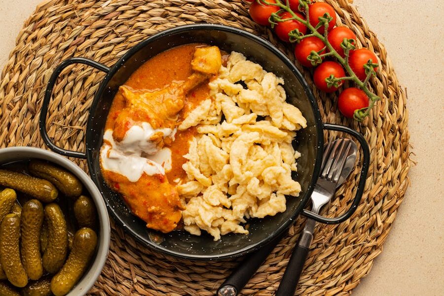 Hungarian chicken paprikash with spaetzle on a plate