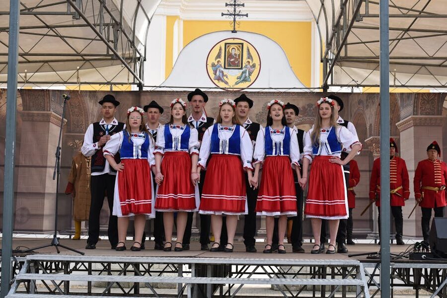 Group of dancers performing traditional Hungarian folk dance