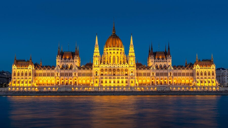 Hungarian Parliament at night on the Danube River