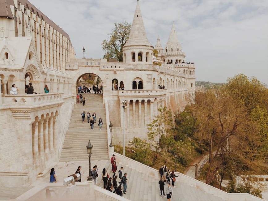 Fishermans Bastion turrets Budapest with tourists
