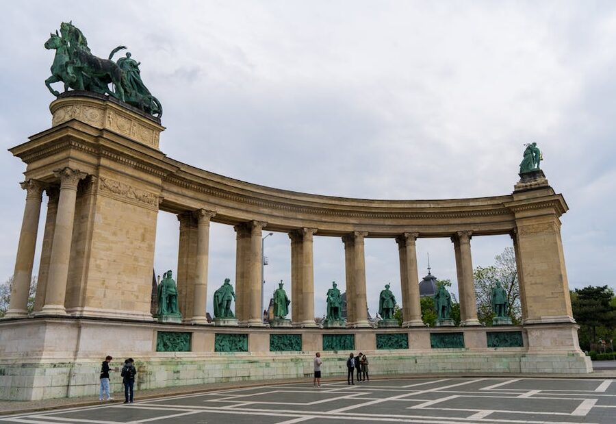 Heroes Square Budapest with statues and neoclassical colonnade