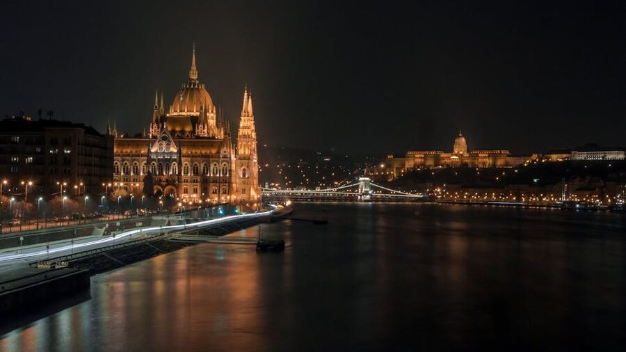 Hungarian Parliament and Chain Bridge illuminated at night over the Danube