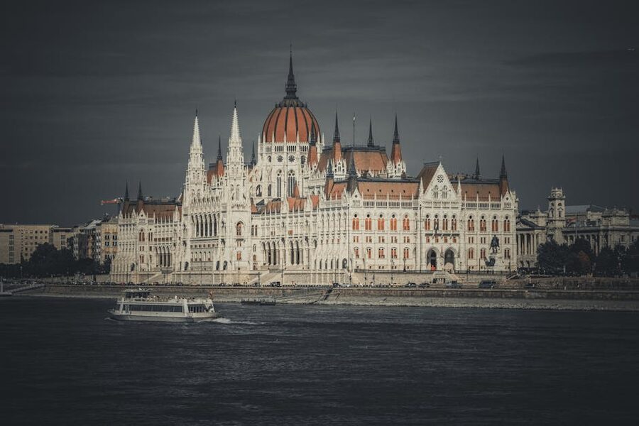 Hungarian Parliament Building at sunset along the Danube in Budapest