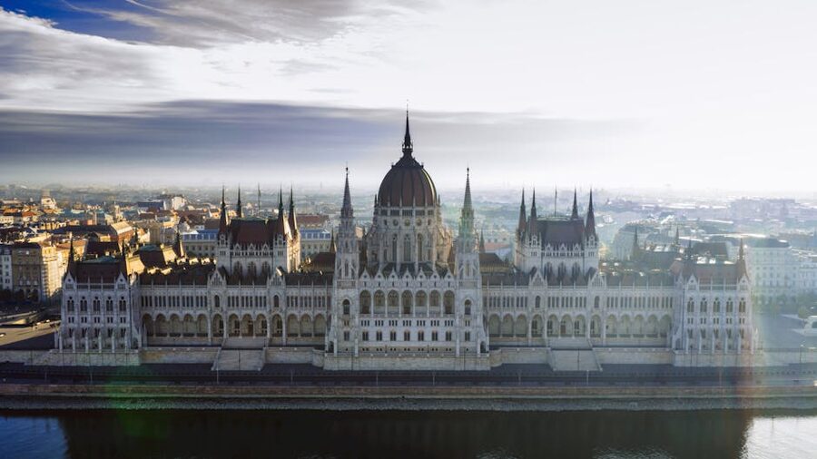 Aerial view of Budapest Parliament Building along the Danube