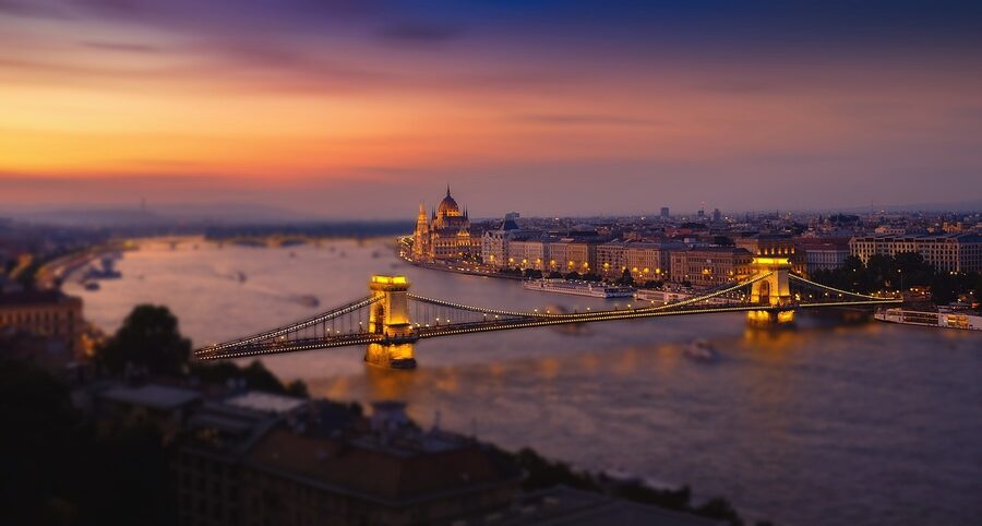 Budapest Parliament and bridge in the early evening