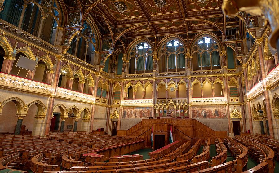 Parliament debating chamber interior with seats