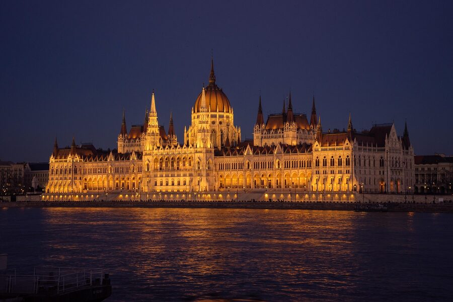 Parliament and Danube at night in Budapest with lights