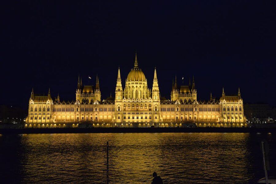 Hungarian Parliament Building illuminated at night Budapest