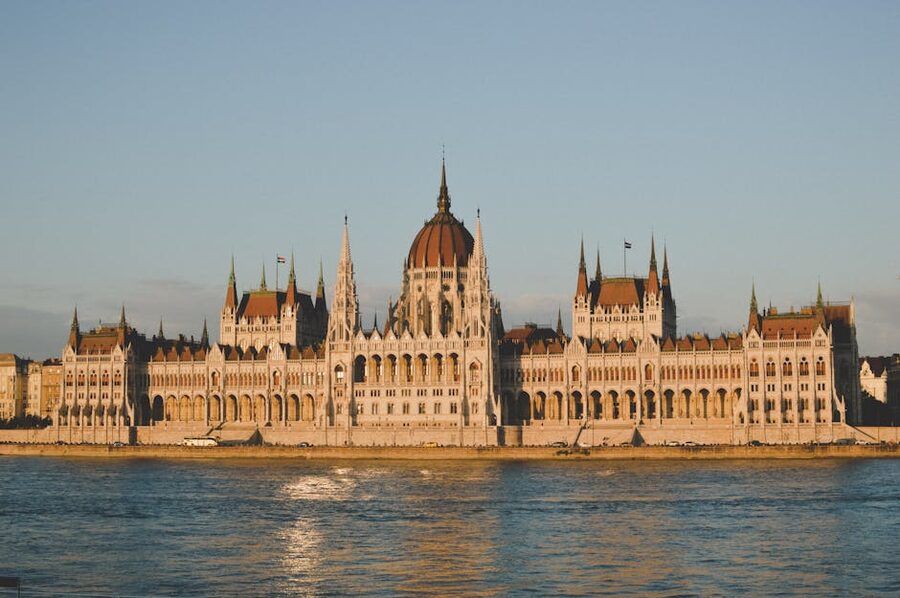 Hungarian Parliament Building river view at sunset