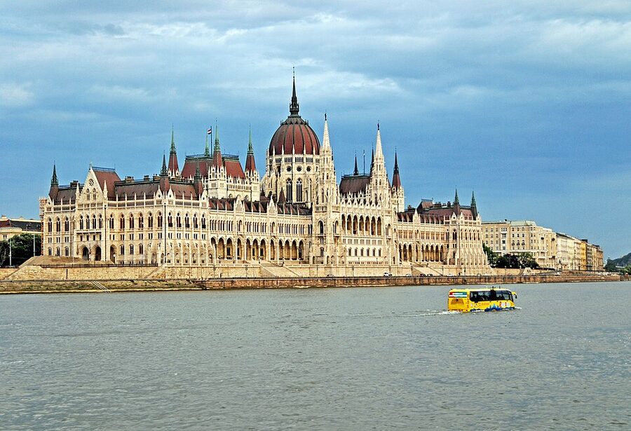 The Hungarian Parliament Building seen from a Danube night cruise