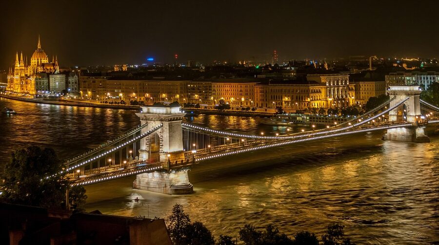 Chain Bridge city lights and illuminated suspension bridge Budapest
