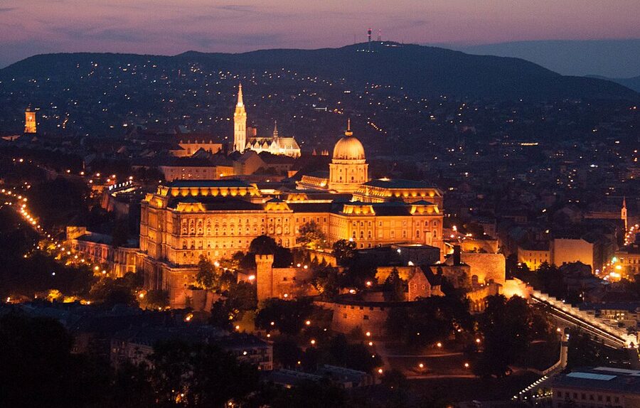 Buda Castle at night seen from Gellert Hill in Budapest