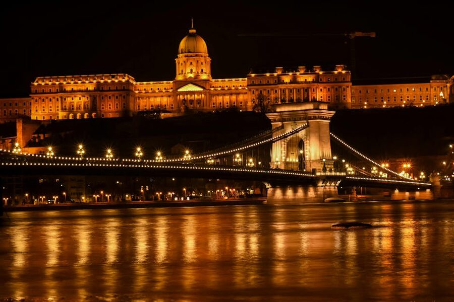 Buda Castle and Chain Bridge illuminated at night Budapest