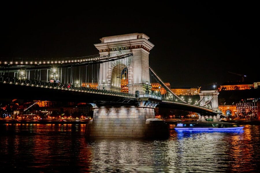 Szechenyi Chain Bridge spanning the Danube at night
