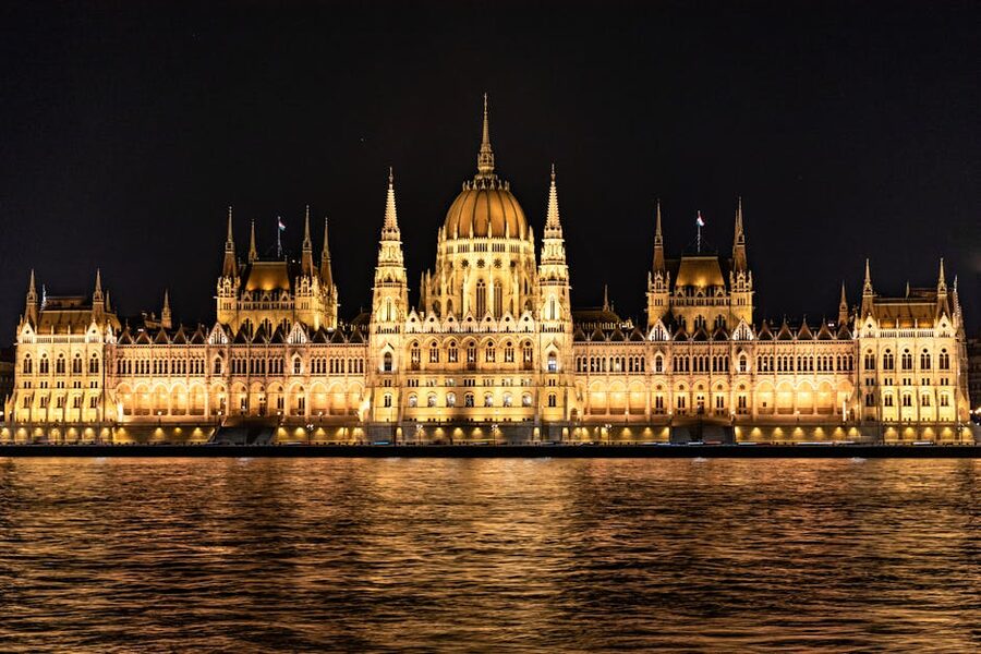 Hungarian Parliament Building reflecting on the Danube River at night