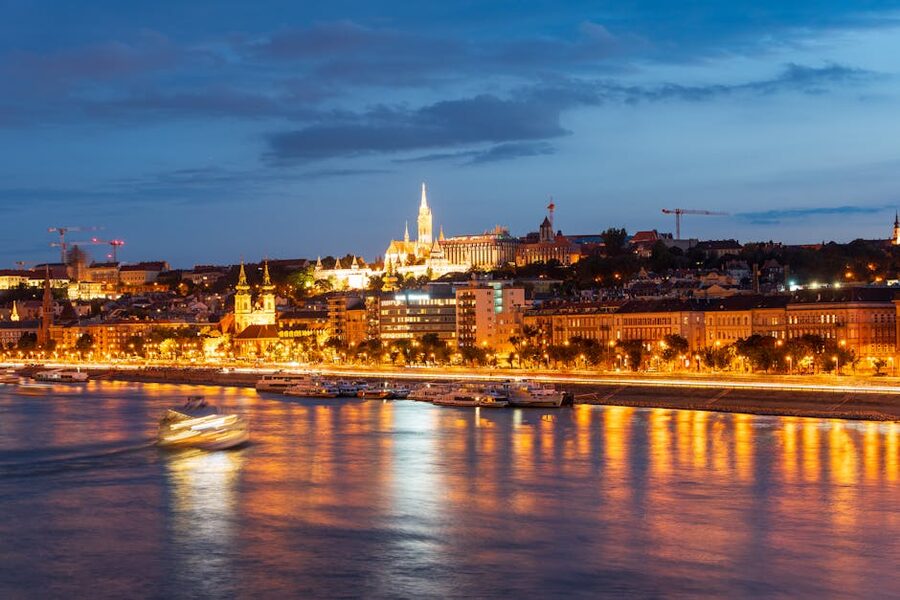 Budapest cityscape with illuminated buildings along the Danube