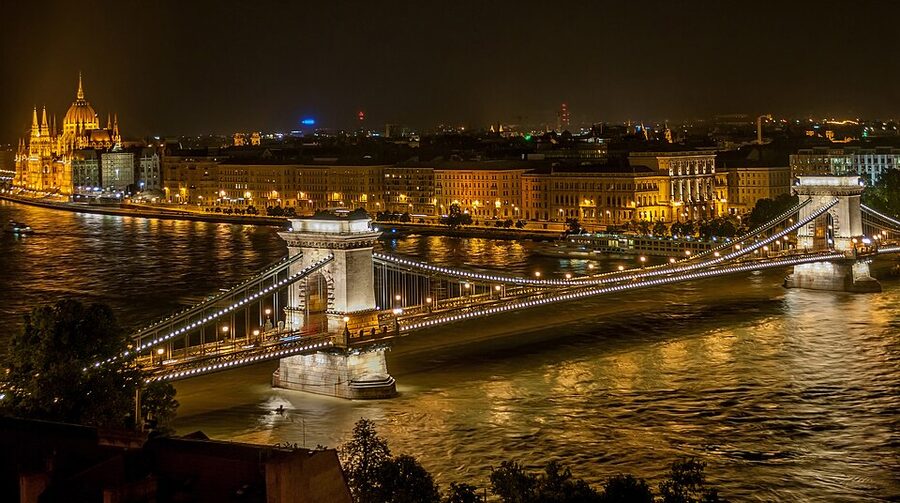 Szechenyi Chain Bridge at night seen from the river