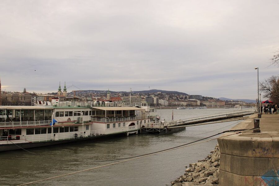 A riverboat docked on the Danube in Budapest waiting for boarding