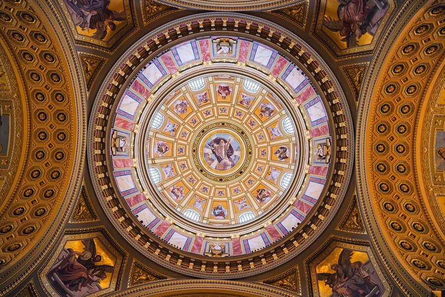 Painted frescoes on the dome ceiling inside St Stephens Basilica