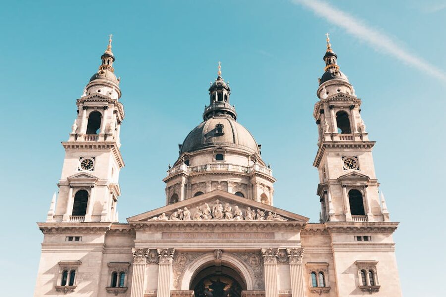 St Stephens Basilica front facade with twin bell towers and central dome, Budapest