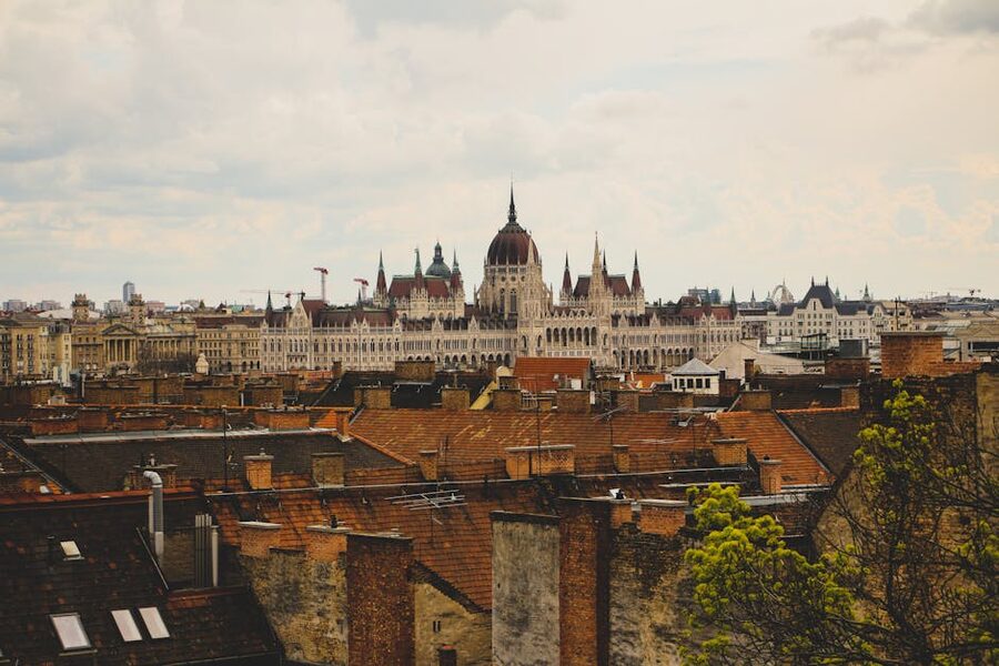View of Budapest rooftops and Parliament from above