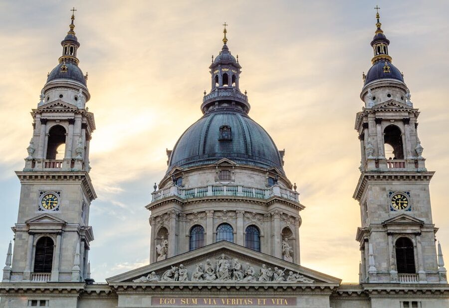 St Stephens Basilica at sunset from low angle Budapest