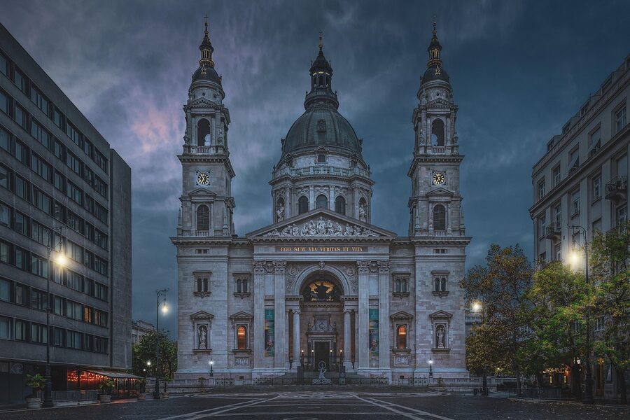 Bell tower of St Stephens Basilica from the square