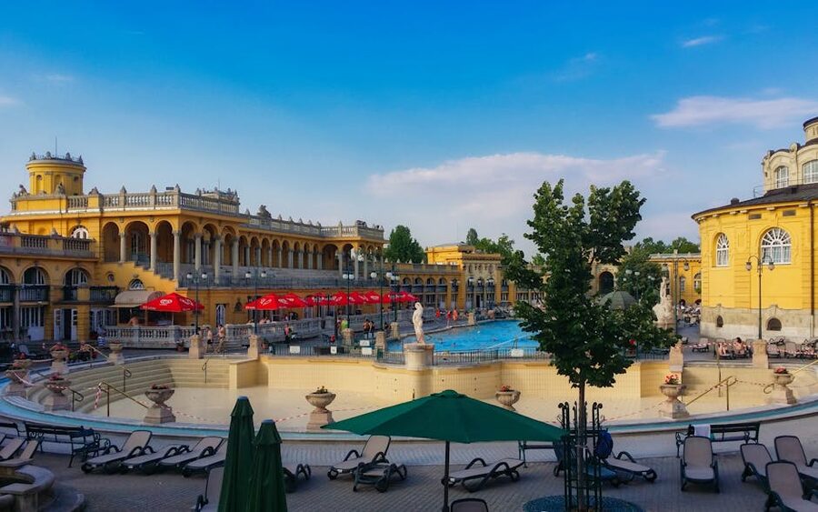 The yellow Neo-Baroque facade of Széchenyi Thermal Bath in Budapest
