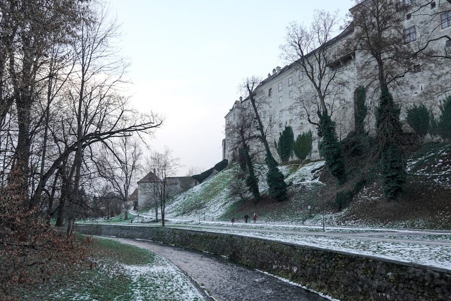 Cesky Krumlov castle grounds in early winter with light snow