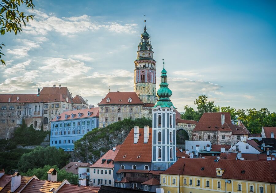 Cesky Krumlov painted castle tower closeup