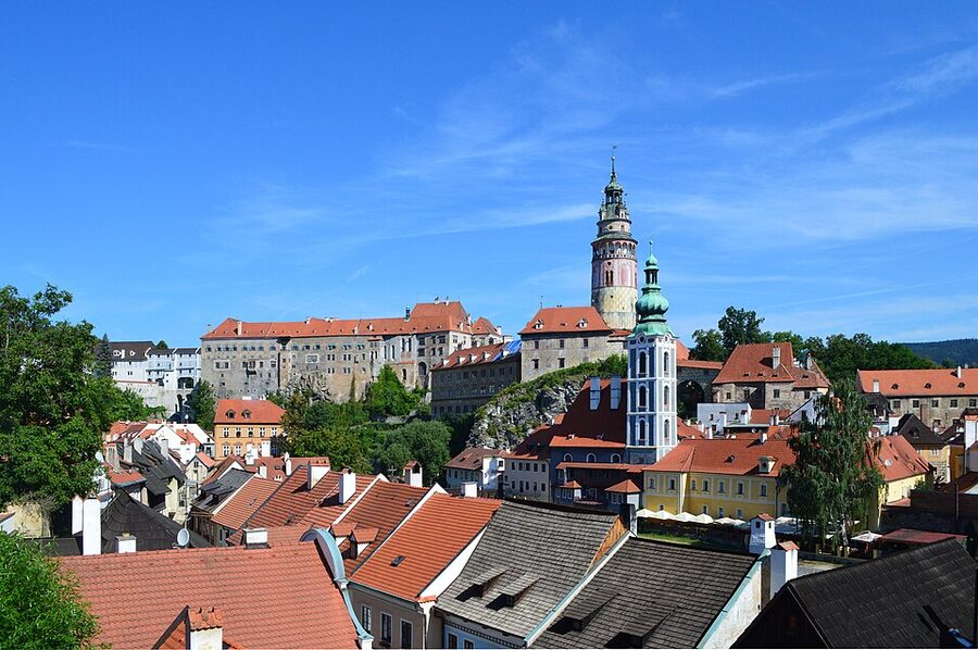 Cesky Krumlov castle tower view from below