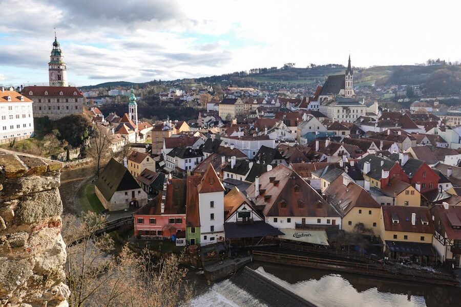 Aerial view of Cesky Krumlov castle and old town inside the Vltava bend