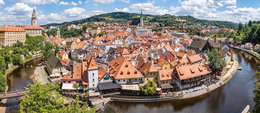 Cesky Krumlov red rooftops aerial view from above