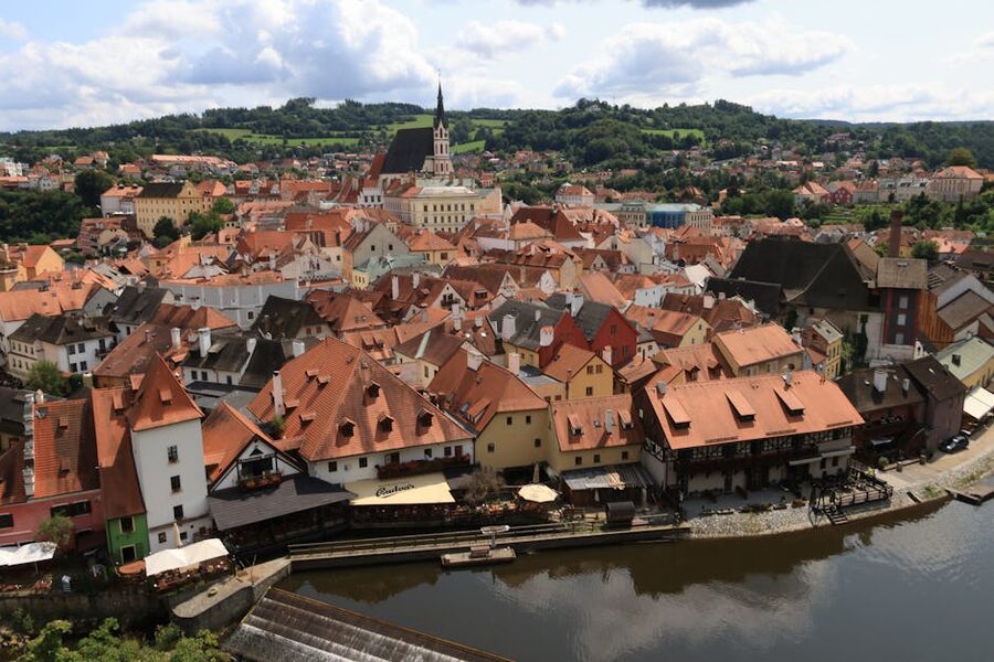 Aerial view of Cesky Krumlov red rooftops