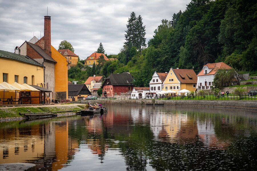 Cesky Krumlov town reflected in the Vltava river