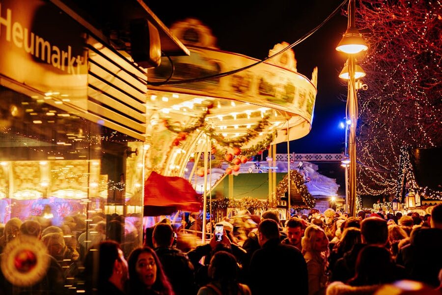 Heumarkt Christmas market with carousel and lights in Cologne