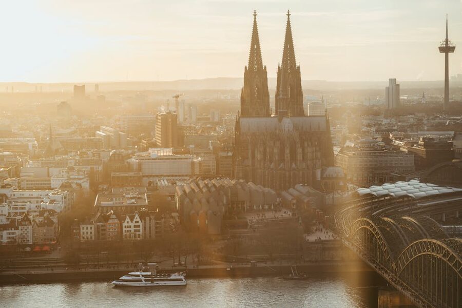 Cologne Cathedral aerial view at sunrise over the Rhine River