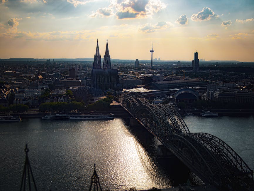Aerial view of Cologne Cathedral at sunset