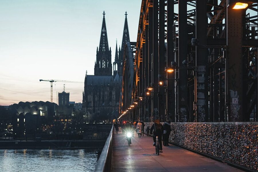 Evening view of Cologne Cathedral from Hohenzollern Bridge