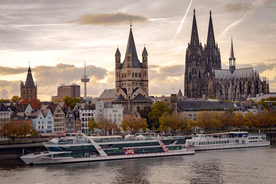 Cologne skyline and boats on the Rhine River