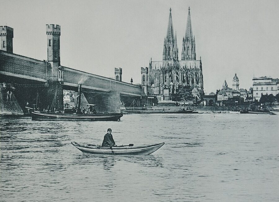 1896 illustration of Cologne railway bridge and cathedral