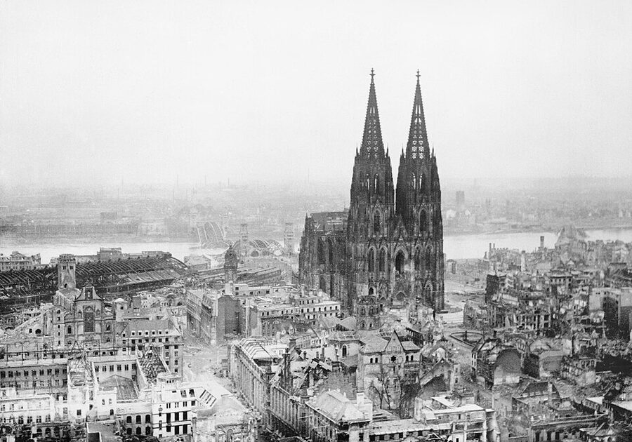 Cologne Cathedral standing intact among 1945 ruins