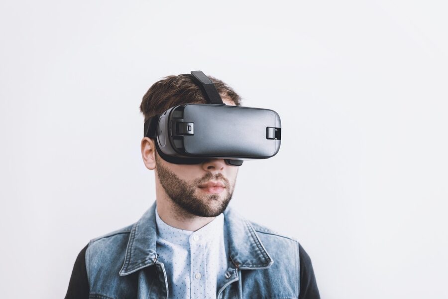 Virtual reality headset on a stand