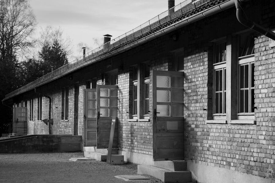 Historic brick building at Dachau in black and white