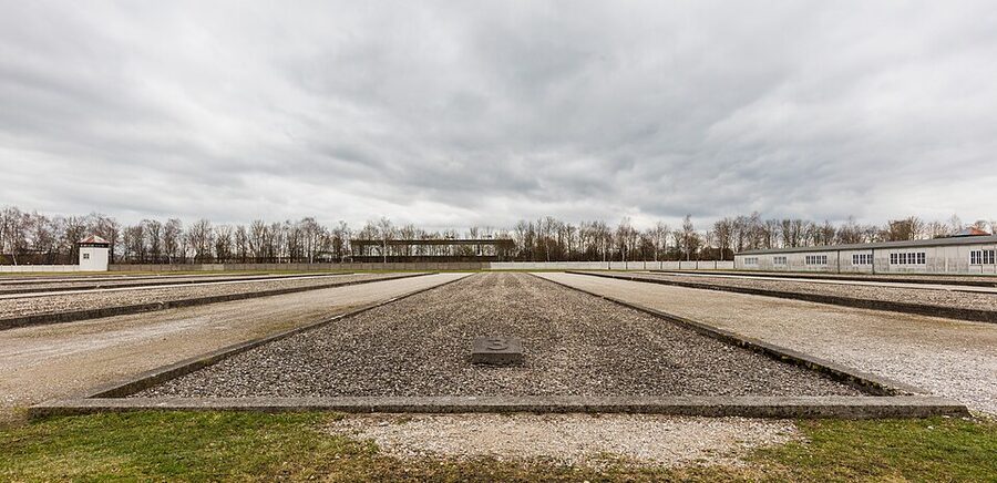 Concrete foundations marking former prisoner barracks at Dachau