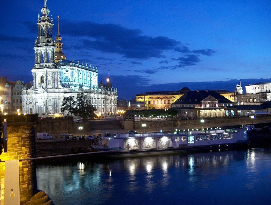 Dresden Old Town at night with Frauenkirche dome lit up